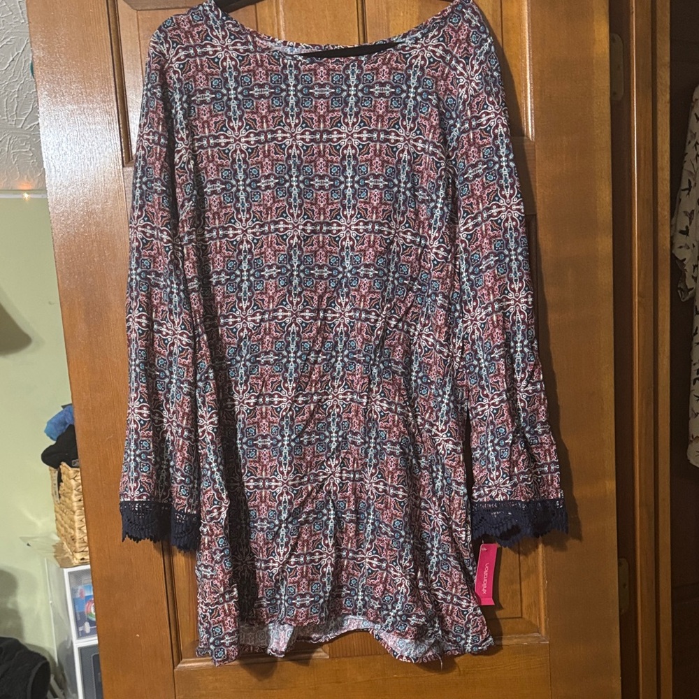 Patterned Long Sleeve Top or Dress with Lace Trim